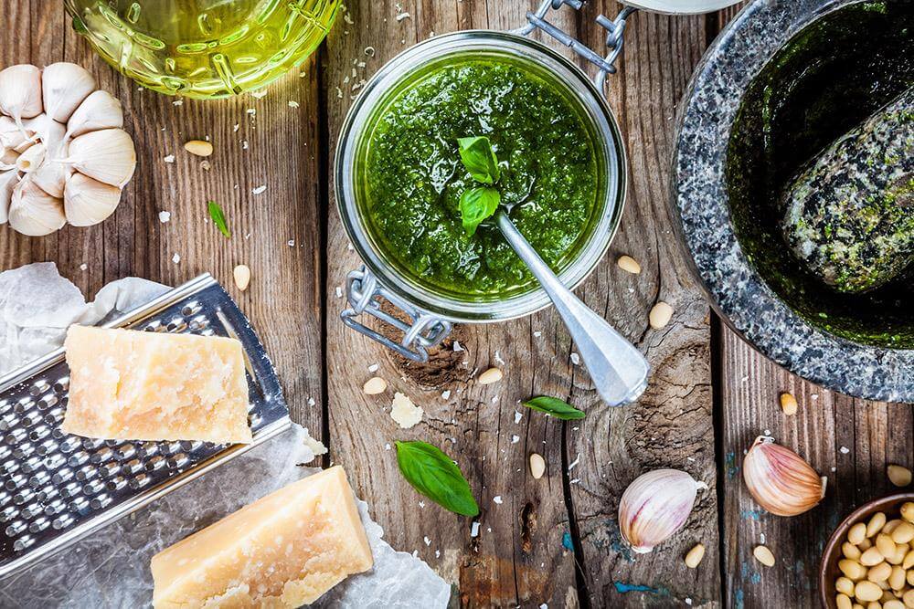 homemade pesto: basil, parmesan, pine nuts, garlic, olive oil